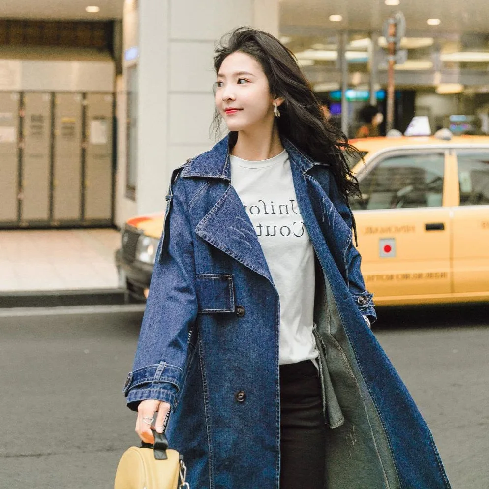 

Photo Shoot South Korea CHIC Fold-down Collar Large Pocket Denim Windbreaker Women's Autumn Loose Casual Lettered Ribbon Waist H