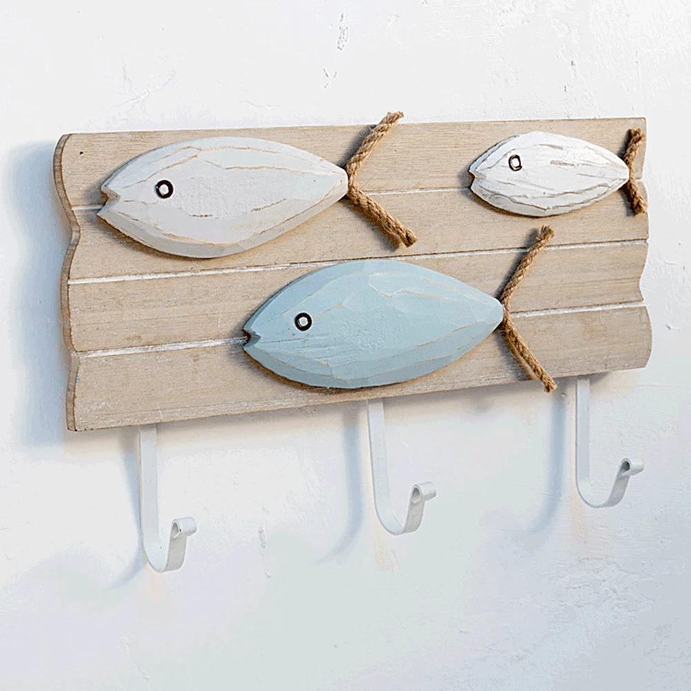 Towel With 3 Hooks Key Rack Decoration Hat Wall Mount Organizer Wood Hanger Bag Fish Bone Home Coat DIY