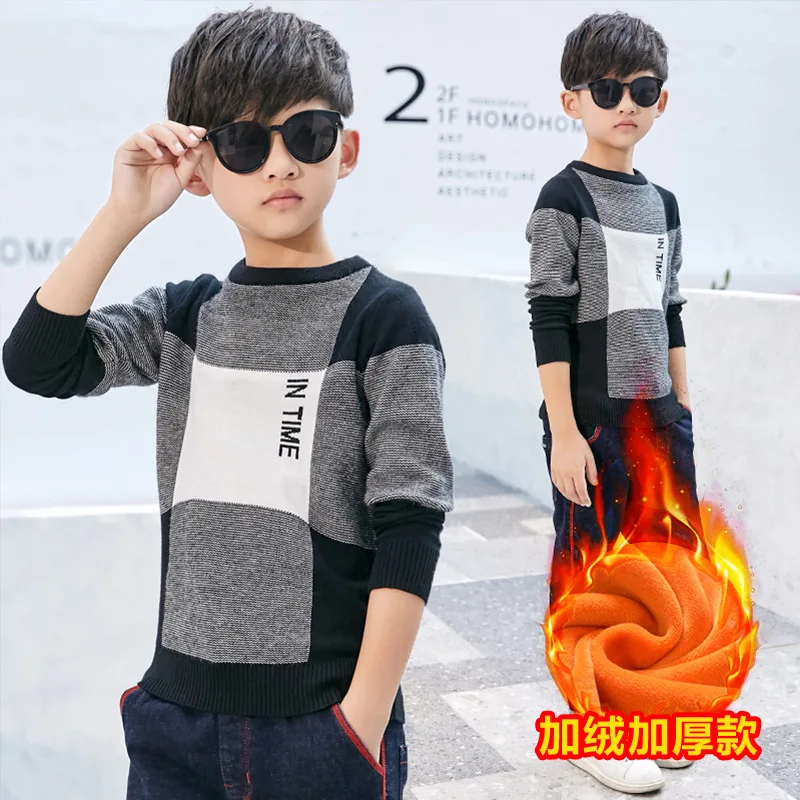 

CHILDREN'S Garment Boys' Sweater Pullover Fall And Winter Clothes Brushed And Thick Warm 2019 New Style Plaid Knit Low Waist Jer