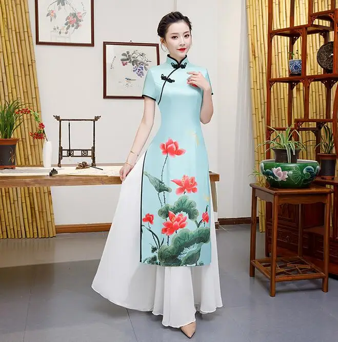 sky blue Белый плюс размер 4XL 5XL Китайский традиционный Женский Aodai цветочный принт Qipao винтажный Чонсам Новинка китайское торжественное платье - Цвет: sky blue