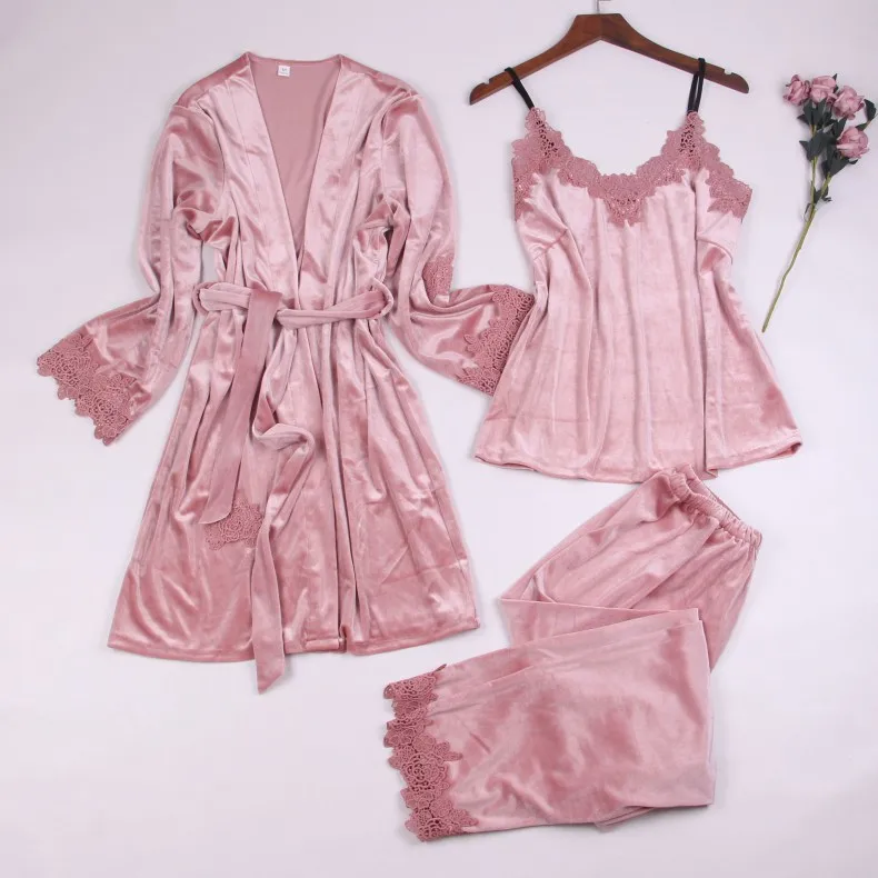 2019 women's pajamas set autumn winter sleepwear with robe sling v-neck bathrobe pants 3 pcs pijama long sleeve home pyjamas | Женская