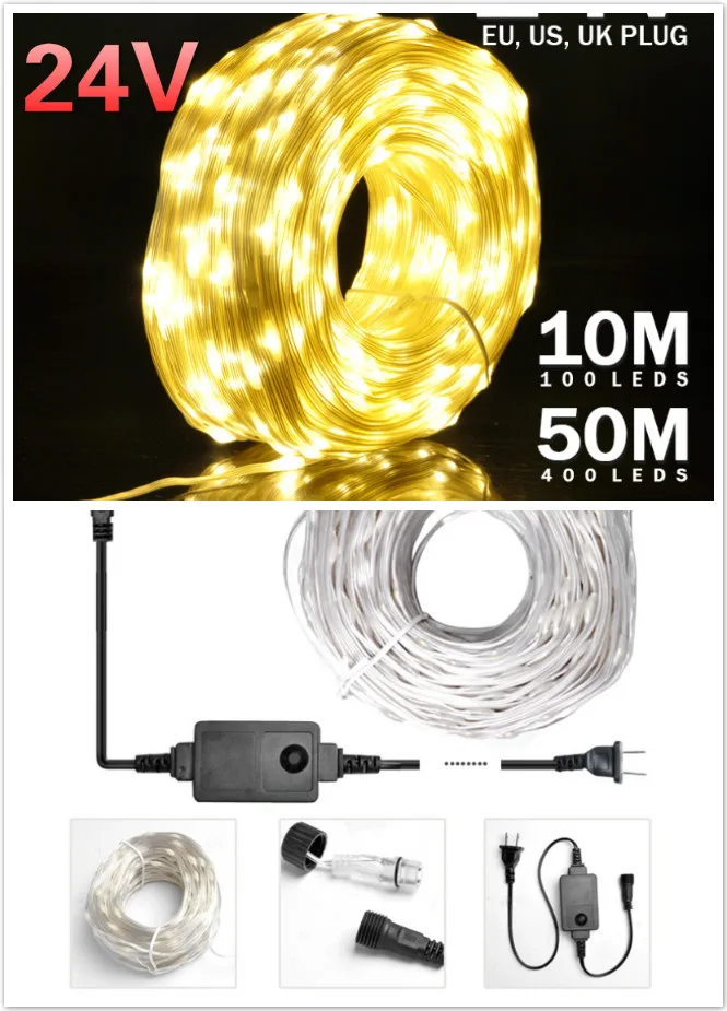 

10M 50M 100M 24V LED Fairy Garland String Lights Outdoor Waterproof Lighting For Christmas Trees Xmas Party Wedding Decoration