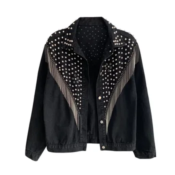 

Chaquetas Mujer 2020 Spring Autumn Streetwear Denim Jacket Women Rivet Tassel Chain Short Jeans Jacket Loose Black Coats g203