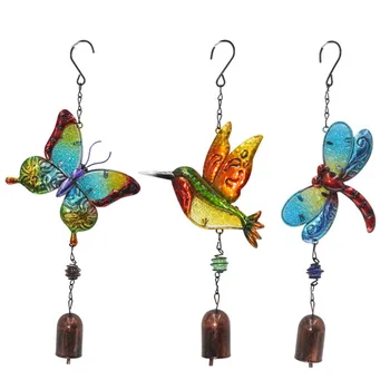 

1PC Wrought iron wind chime painted diamond glass spray paint hummingbird butterfly dragonfly creative metal pendant home decor
