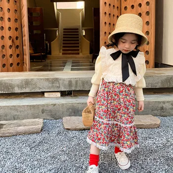 

Autumn New Arrival Korean style clothing sets long bubble sleeve t-shirt with lace vest and flowers skirt for cute baby girls