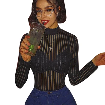 

New Women's Striped Long Sleeve Bodysuits Women's O-Neck Patchwork Temperament Elegant Transparent Sexy Bodysuits AA1241