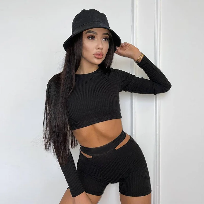 Fall Clothes Sexy Two-Piece Set Women Solid Ribbing Crop Top+Shorts Sets Fitness Juicy Coutoure Tracksuit Streetwear Wholesale loungewear sets Women's Sets