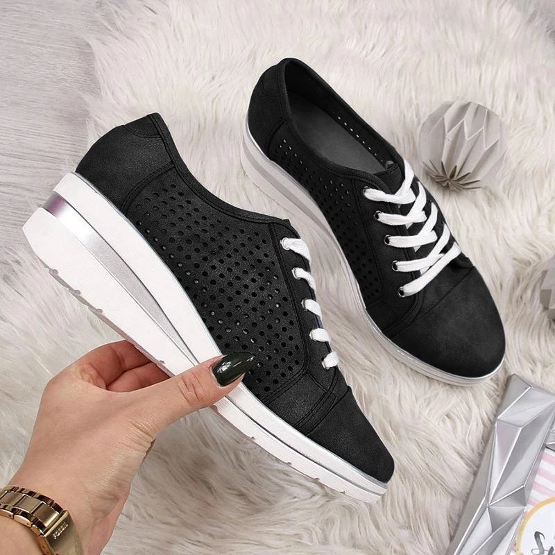 Adisputent Summer Women Wedge Flats Shoes Female Hollow Breathable Mesh Casual Shoes For Ladies Lace Up Flats Loafers Shoes