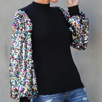 

Blouse Women Sequins Tops Autumn Winter Puff Sleeve Shirts Ladies Turtleneck Casual Solid Black Long Sleeve Camisa De Mujer