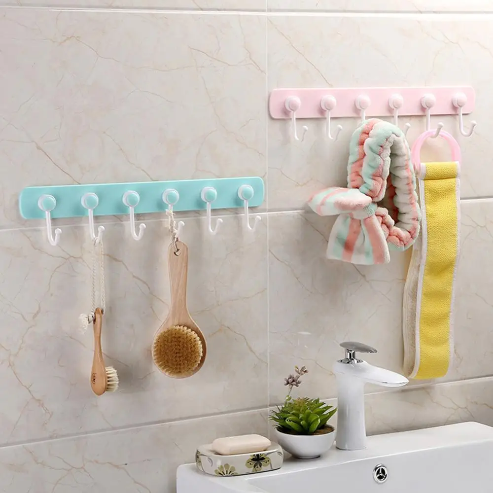 

6 Even Row of Hooks Nail-free Seamless Strong Adhesive Hook Kitchen Wall Hanging Creative Bathroom Rack Hanger Hook Shelves