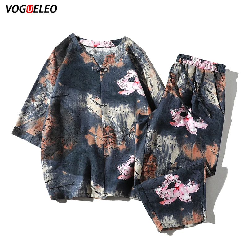 

VOGUELEO 2019 Men's Summer Sets Chinese Style Fashion High Quality Casual Suits Male Fllower Print Sports Set Men Sweat Suit