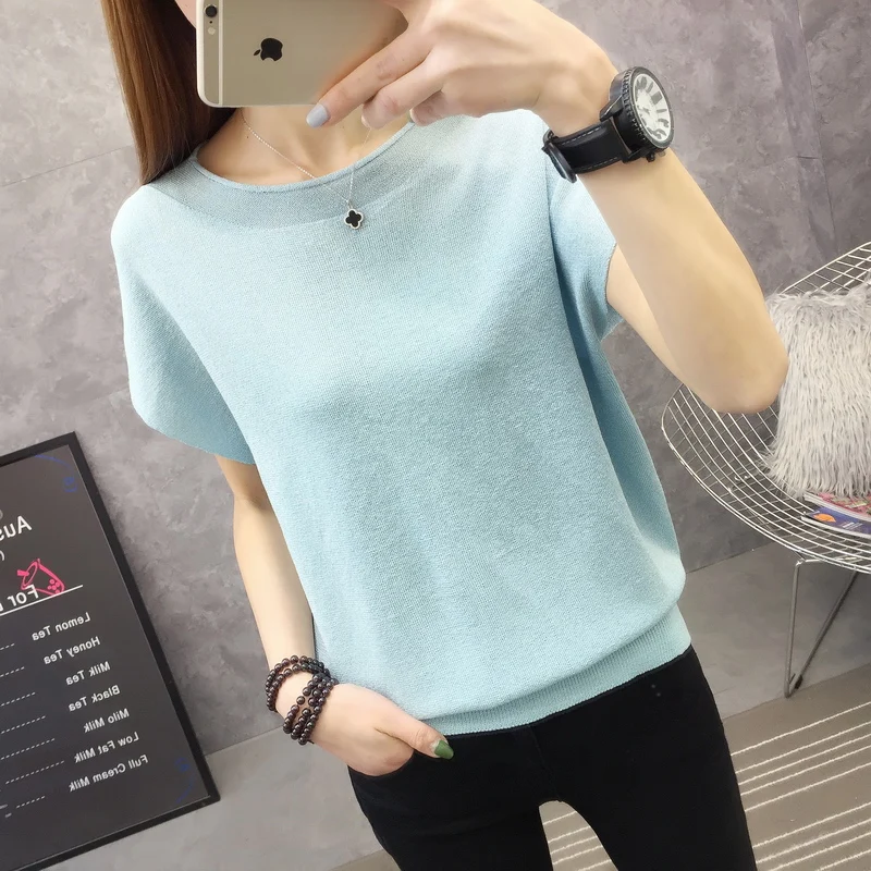 9233 Стиль ice silk Круглый воротник: однотонный топ с коротким рукавом Футболка с Бэтменом 25-1st пол, 11th строки, 2nd полка - Цвет: see chart