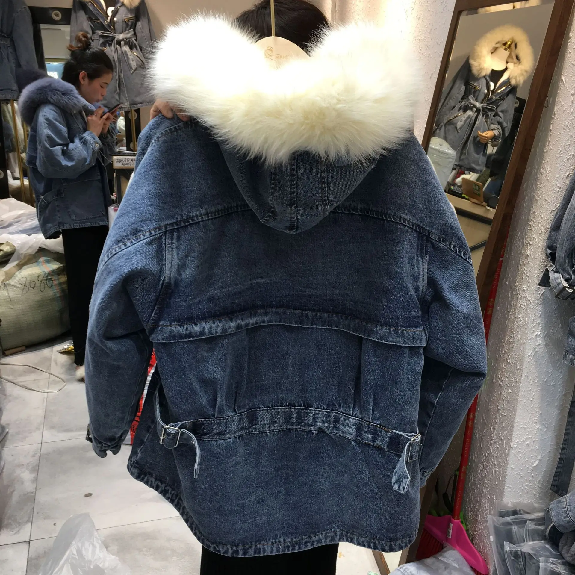Зима, стиль, корейский стиль, с капюшоном, большой меховой воротник, свободный крой, толстый, длинный рукав, на молнии, Ковбойское хлопковое пальто, Женское пальто