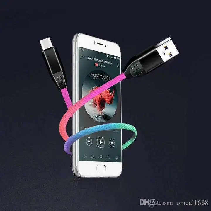 Colorful 1m/3ft USB cables Fast Charging 2A High Quality Rainbow Data Cable for Android Phone Type C S8 S9 S10 NOTE 8 NOTE 9