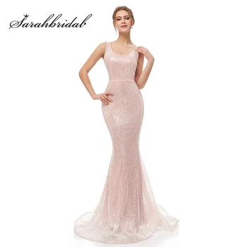 

2021 Sparkle Sequined Mermaid Evening Dresses Fold Backless vestidos Deep U neck Robes de soirée Floor Length Prom Gowns 5280