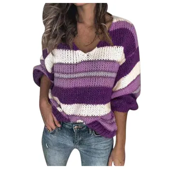 

Striped Women Sweaters And Pullovers Loose Ladies Sweaters Autumn Winter Jumpers V Neck Knitted Sweater Femlae Pull Femme