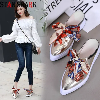 

New Design Sequins Pointy Women Platform Slippers Bow-knot Mules Flats Girls Modis Shoes Metal Rivets Riband Cross-tied Slides