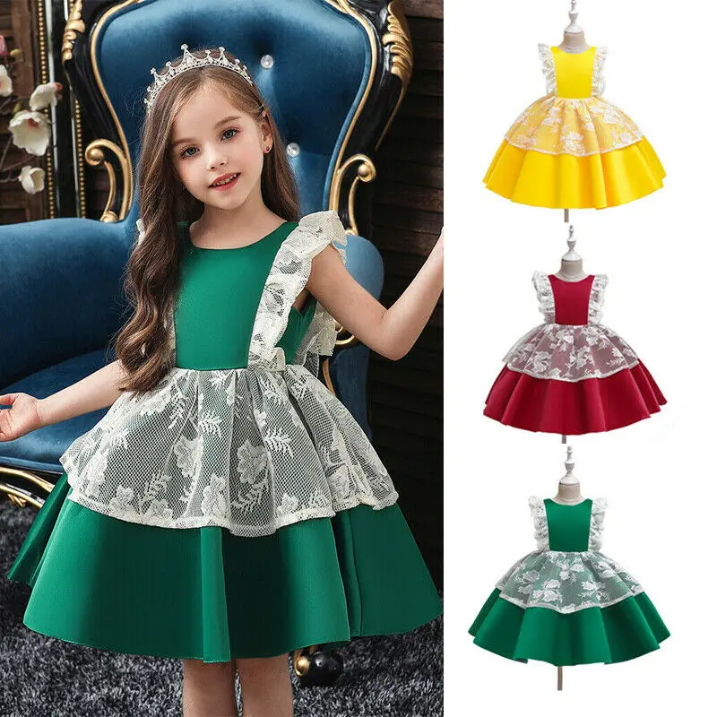Рождественская Принцесса детские для девочек платье Формальные Вечерние оборки рукава Кружева сплошной трапециевидной формы 3 цвета