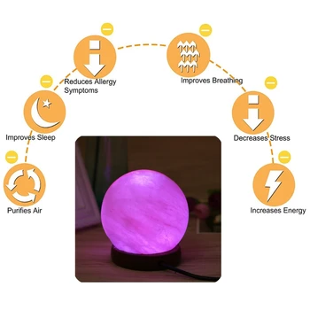 

Round Hand Carved USB Wooden Base Himalayan Crystal Rock Salt Lamp Air Purifier Night Light