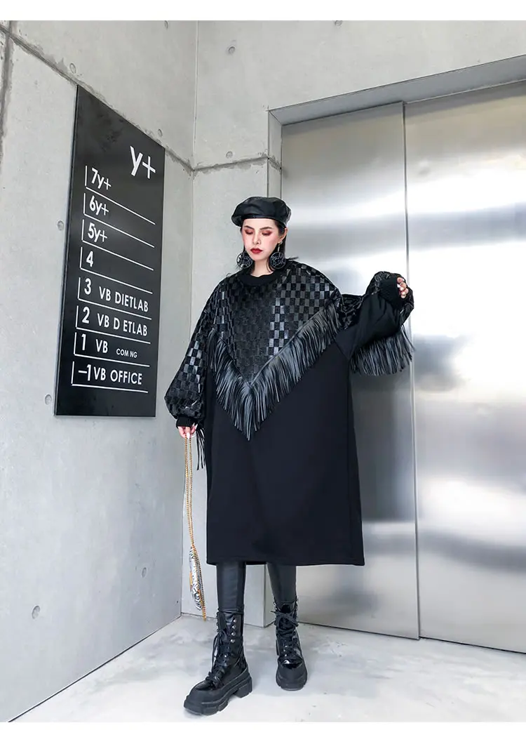 XITAO клетчатое прямое женское платье с кисточками, корейская мода, Зимний пуловер с рукавами-фонариками, вязанное свободное плиссированное платье GCC2678