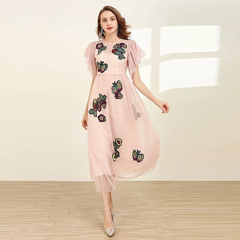 

Long Dress Runway Designer High Quality New Women'S Fashion Workplace Casual Party Vintage Elegant Chic Mesh Embroidery Dresses