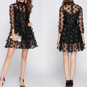 

BGW High Neck Black Full Sleeves A Line Mini Tulle Cocktail Dress Zipper Illusion Back Vestidos Para Festa Elegante Curtos 2019