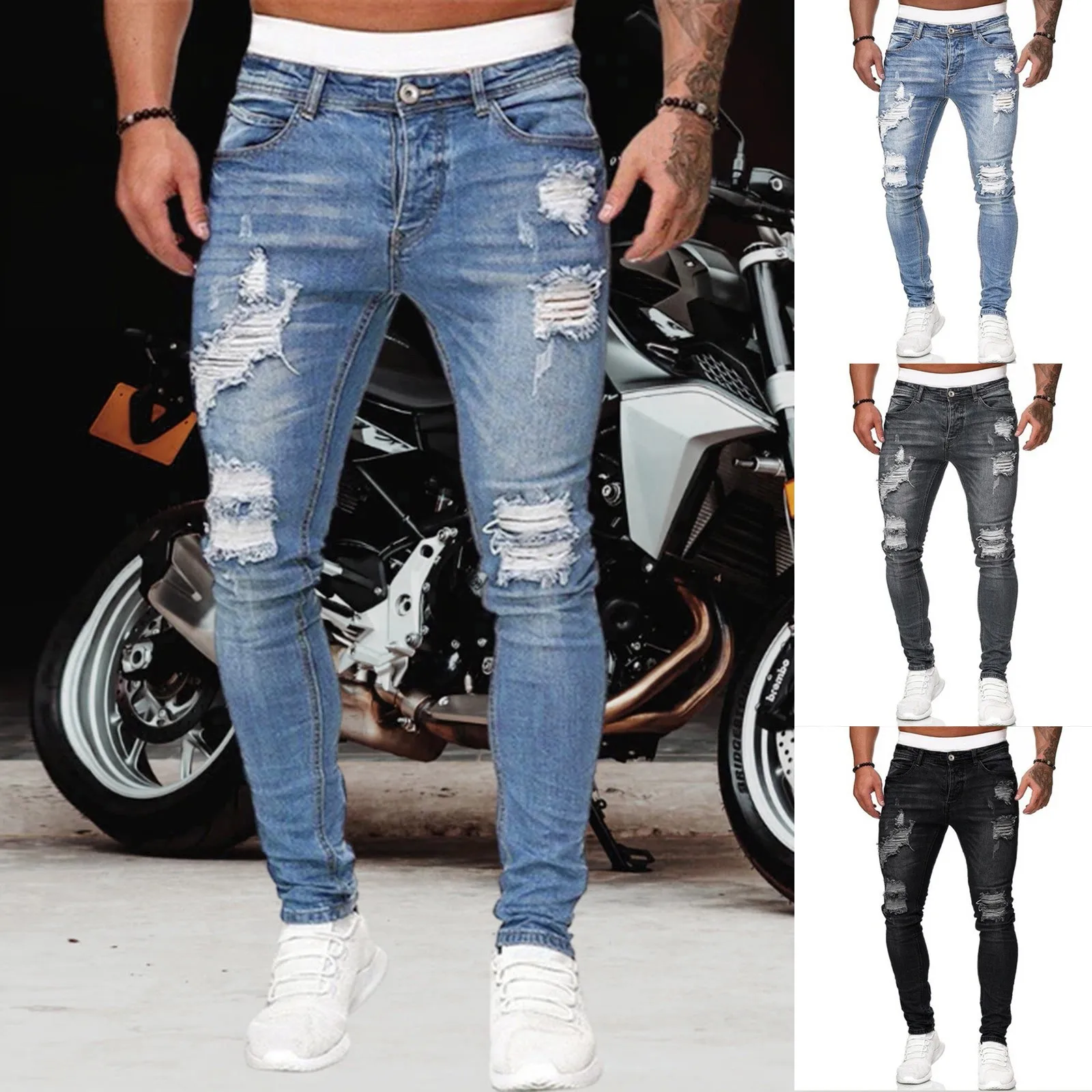 2021 Men Fashion Casual New Jeans Solid Color Ripped Frayed Gradient Washed Trousers High Quality Daily Holes Jeans Dropshipping 1