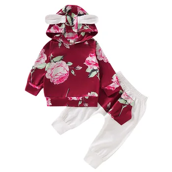

2019 Brand New Newborn Infant Kid Baby Girl Autumn Floral Clothes Sets Bear Ears Hooded Pullover Red Tops+Pants Outfit 0-24M