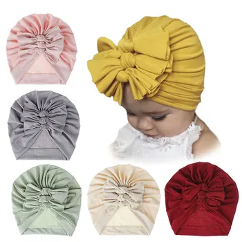 

Baby Pleated Three Bow Knot Winter Hat Soft Cotton Turban Hats Top Knot Kids India Beanie Cap Solid Color Warm Newborn Cap