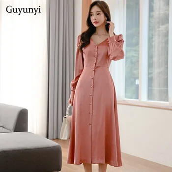 

Solid Color Office Lady Dress 2019 Autumn Simple V-Neck Long Sleeve High Waist Shirt Dress Elegant Party Dress Women