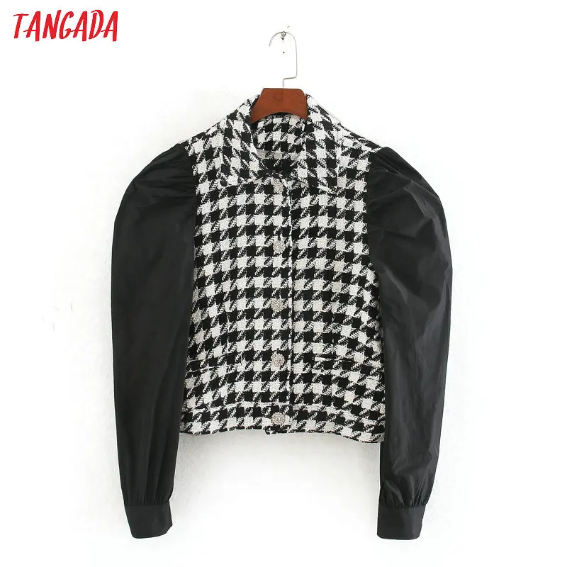 

Tangada women plaid patchwork blouse short style fashion long sleeve beading buttons vintage shirts female chic tops CE108