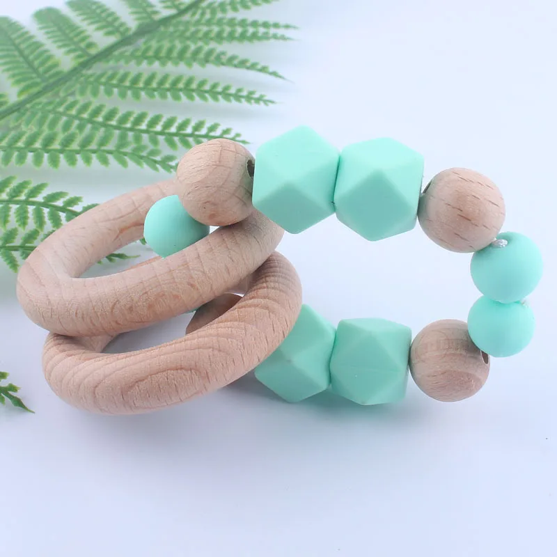 Baby Teether Bracelet Food Grade Silicone Teether Wooden Teether Ring Nursing Safe Organic 2pc Bangle Teether Toys