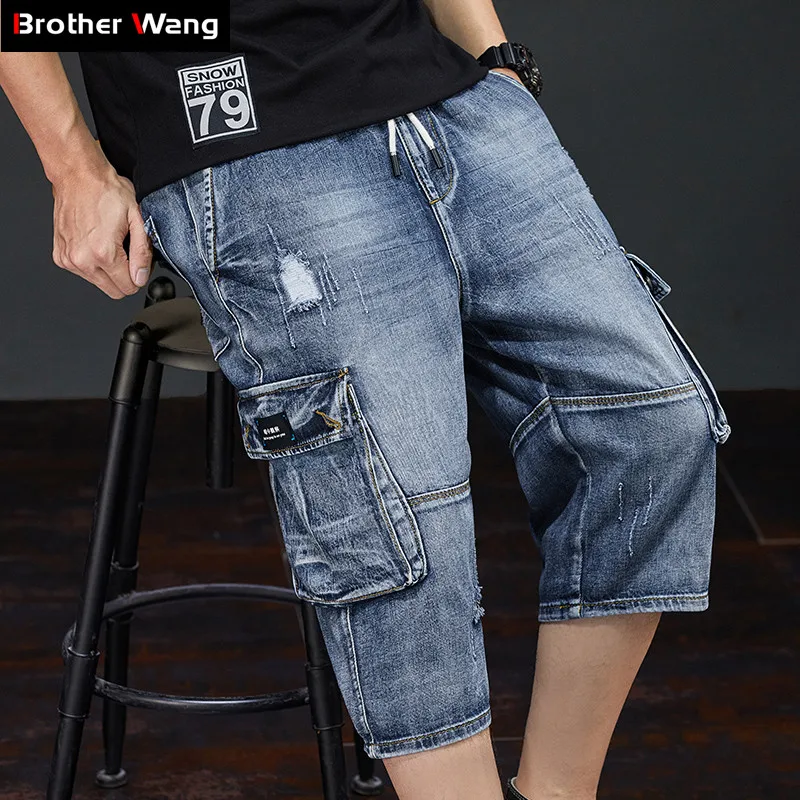 Men Jeans Cargo-Shorts Cropped Big-Pocket Elasticated Summer Stretch Waist Male Casual