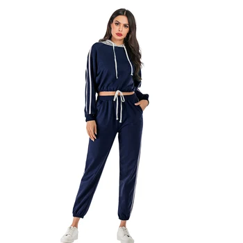 

6145 #2019 Europe And America WOMEN'S Dress Joint Stripes Hoodie Trousers Set Two-Piece 2020 New