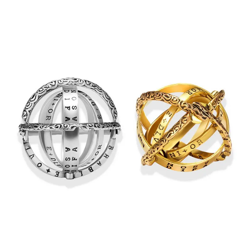 Vintage Alloy Astronomy Ball Rings Interesting Openable Complex Rotate Universe Sphere Cosmic Planet Letter Ring & Necklace 2