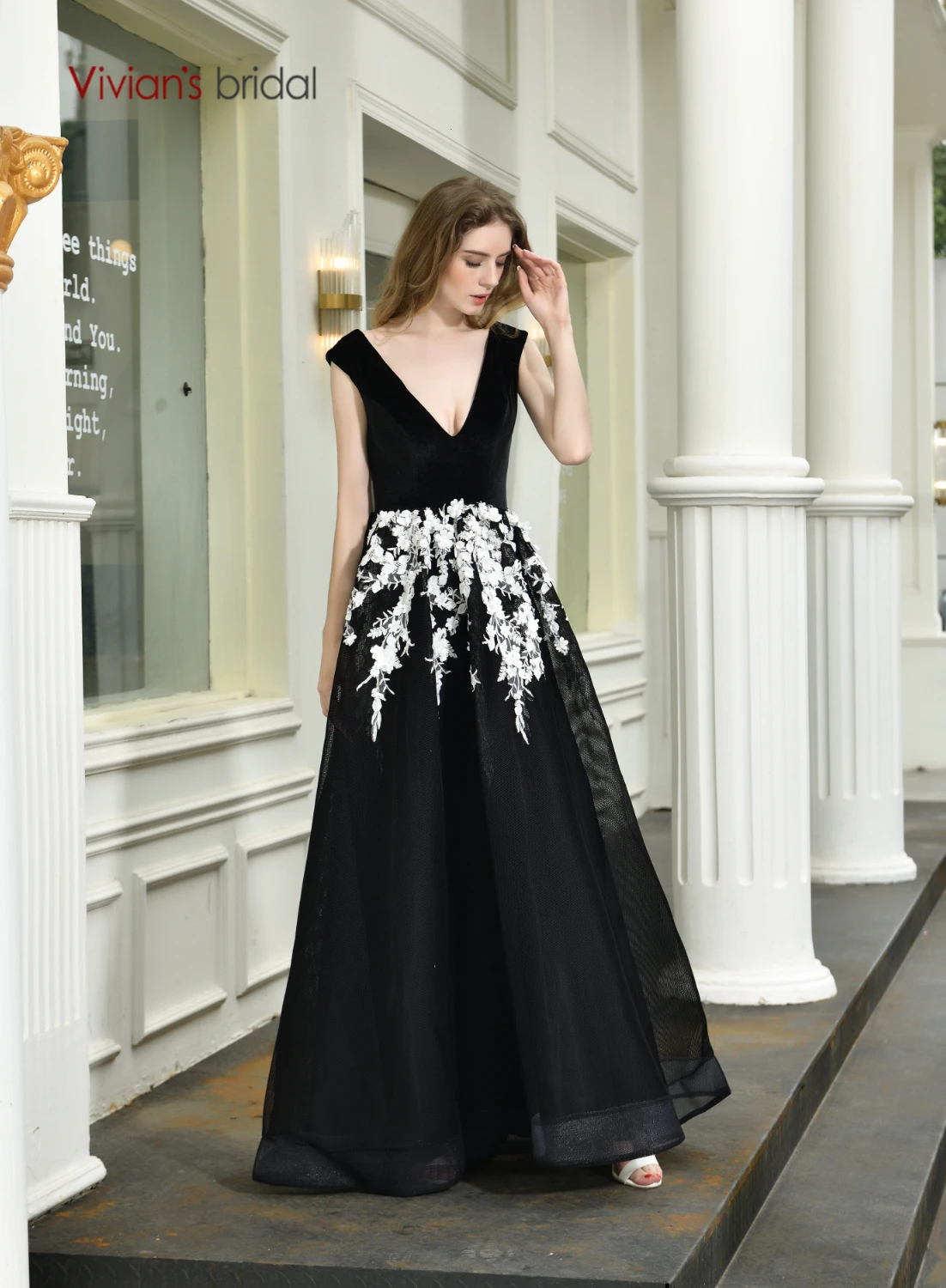 Vivian's Bridal винтажное черное велюровое вечернее платье элегантное бархатное платье с кружевной аппликацией Пышное торжественное платье из органзы с v-образным вырезом