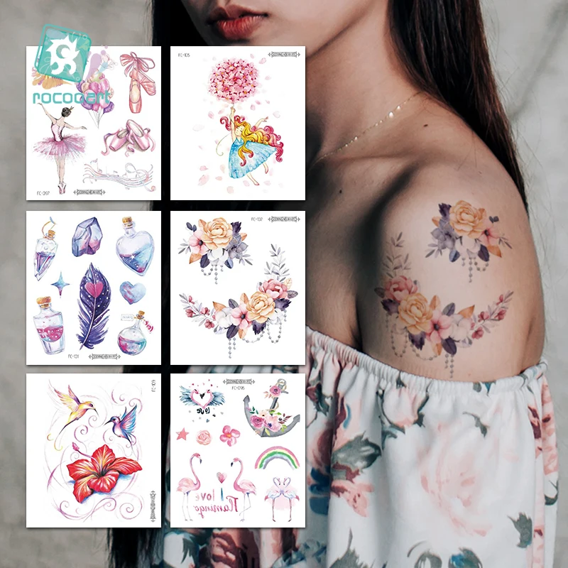 

Rocooart Women Arms Tattoo Stickers Flowers Birds Anchor Tatoo Girls Hand Fake Tatto Waterproof Temporary Tattoos For Makeup