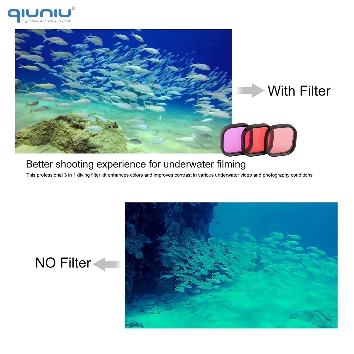 QIUNIU Diving Filters Kit Red Snorkel Lens Color Filter for GoPro