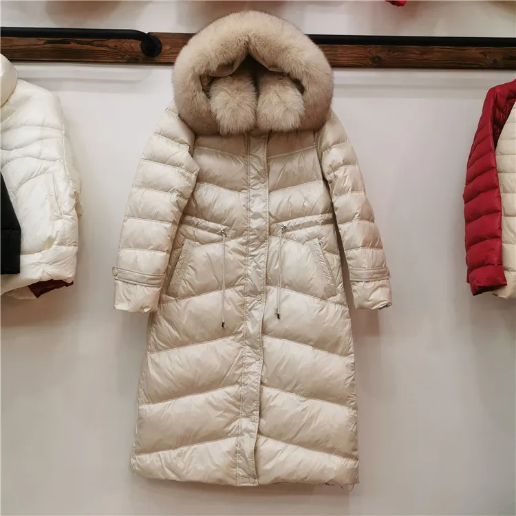 Большой натуральный Лисий мех, белый утиный пух, парка, Женский толстый теплый зимний пуховик, женская зимняя куртка с капюшоном для женщин D558