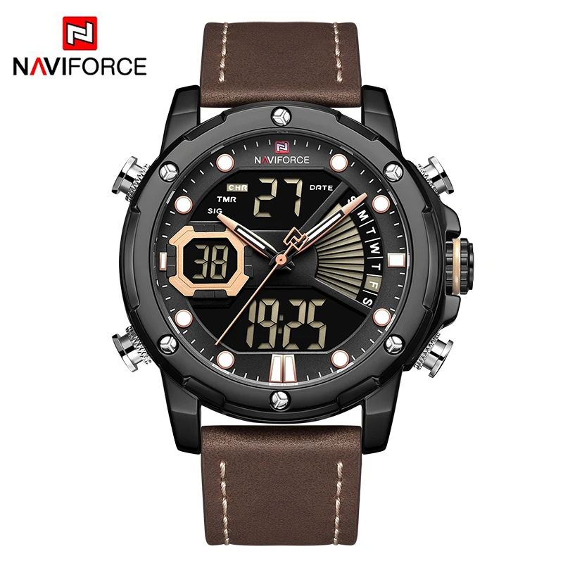 BYBN NAVIFORCE, мужские часы, топ класса люкс, кожа, кварцевые наручные часы, светодиодный, цифровой, модные, светящиеся, водонепроницаемые, мужские часы, Relogio Masculino - Цвет: BYBN