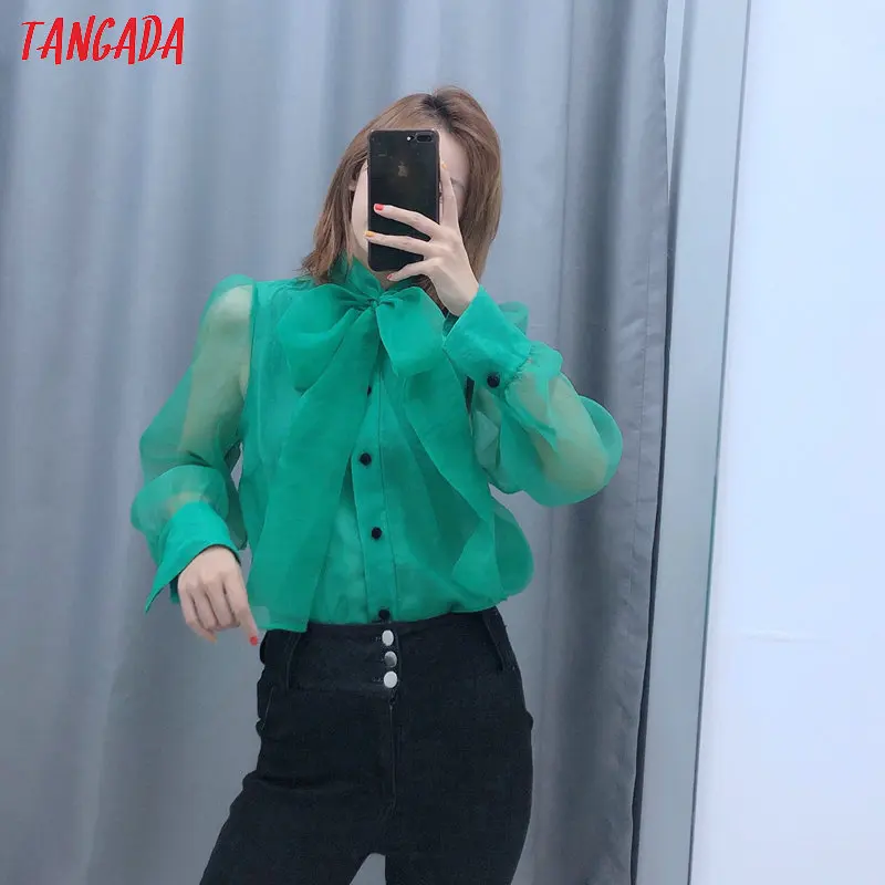  Tangada women chic green transparent blouse buttons long sleeve female mesh shirts stylish ladies t