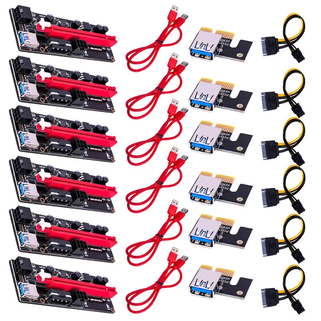 6 pièces plus récent VER009 USB 3.0 PCI E Riser VER 009S Express 1X 4x 8x 16x Extender Riser adaptateur carte SATA 15pin à 6 broches câble d