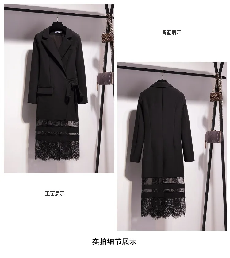 Best Women Black Long Sleeve Lace Patchwork Suits Coats Chic Bow autumn Long Coats Modern Highstreet Fas