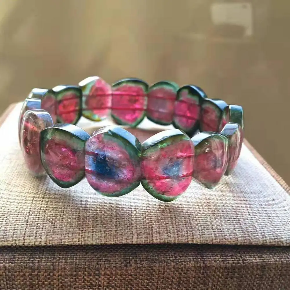 

Genuine Natural Watermelon Tourmaline Quartz Bangle Bracelet Women Men Love Gift Crystal 16x13mm Rectangle Beads Bangle AAAAA