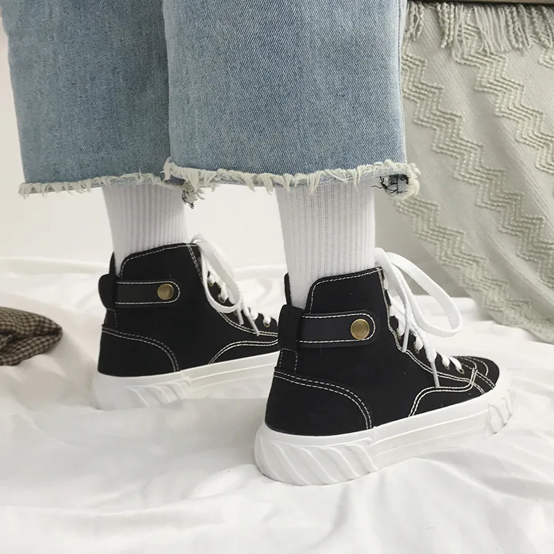 QWEDF 2019 Fashion High Top Sneakers Canvas Shoes Women Casual Shoes White Flat Female Basket Lace Up Trainers Chaussure SE-56