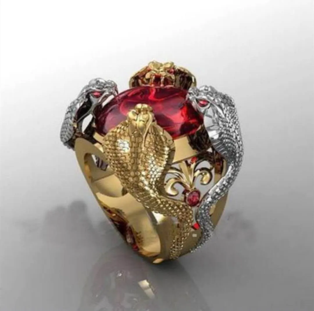 Finger Ring Punk Gothic Men's Snake Python Cobra Animal Wreathed with Red Gemstone Crystal Rhinestone for Male Party Jewelry
