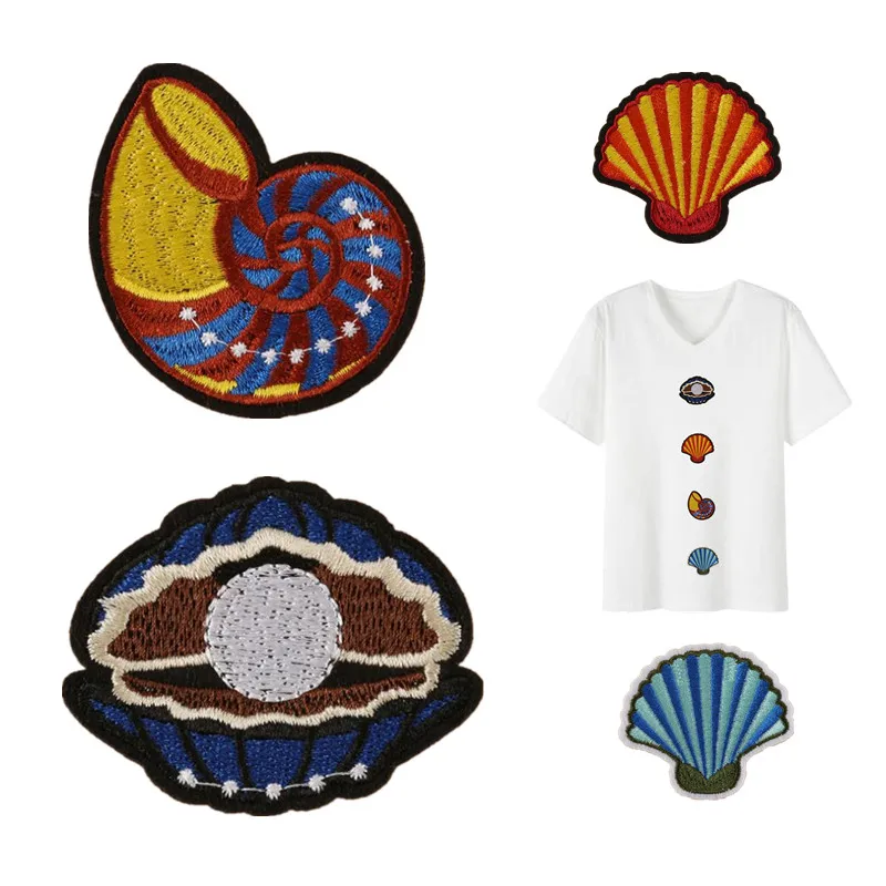 

Iron on patches applique for clothing accessories embroidery biker patch conch shell Diy women clothes stickers flower parches