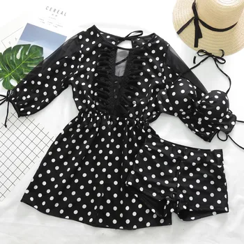 

Women Black Dot Push Up Bikini Set Swimsuit Bathing Suit Swimming Beachwear with Cover Up Summer Sexy Swimwear Biquinis Suits