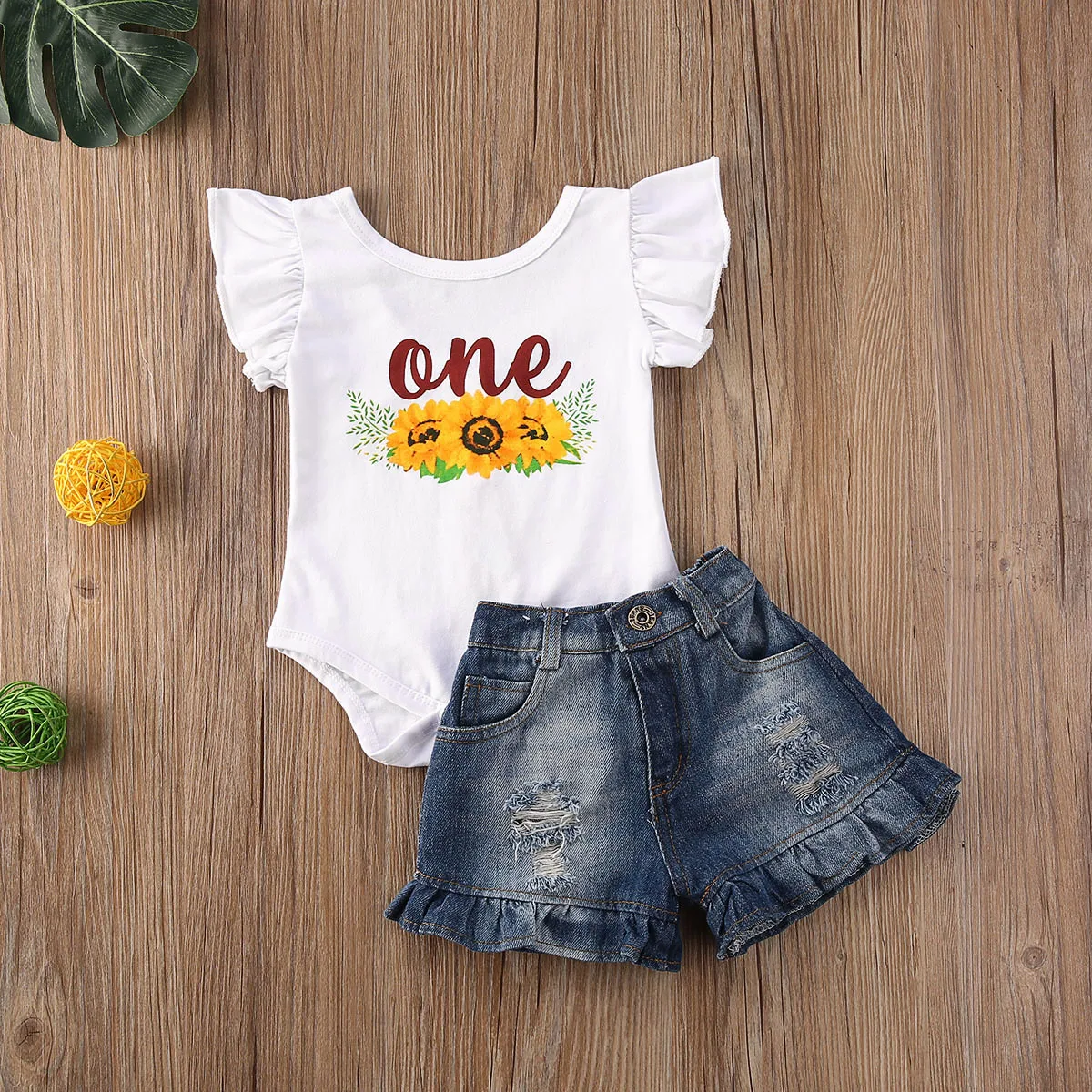 

6-24M Summer Baby Girl Clothes Ruffle Sleeve Round Collar Top+ Short Jeans Patchwork Pockets 2-Piece Suit Stylish Hole Shorts