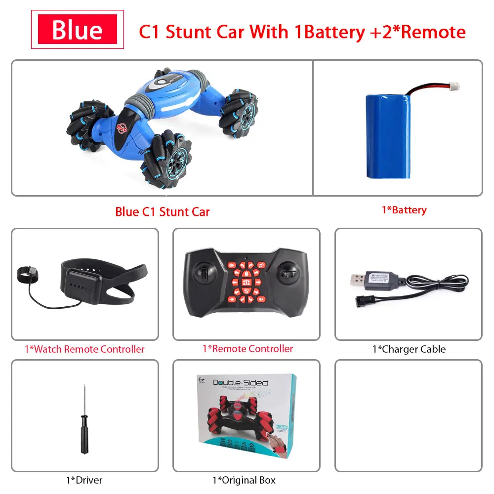 BLUE 2Remote 1B Remote Control Stunt Car Gesture Induction Twisting Off-Road Vehicle Light Music Drift Dancing Side Driving RC Toy Gift for Kids - Color: BLUE 2Remote 1B